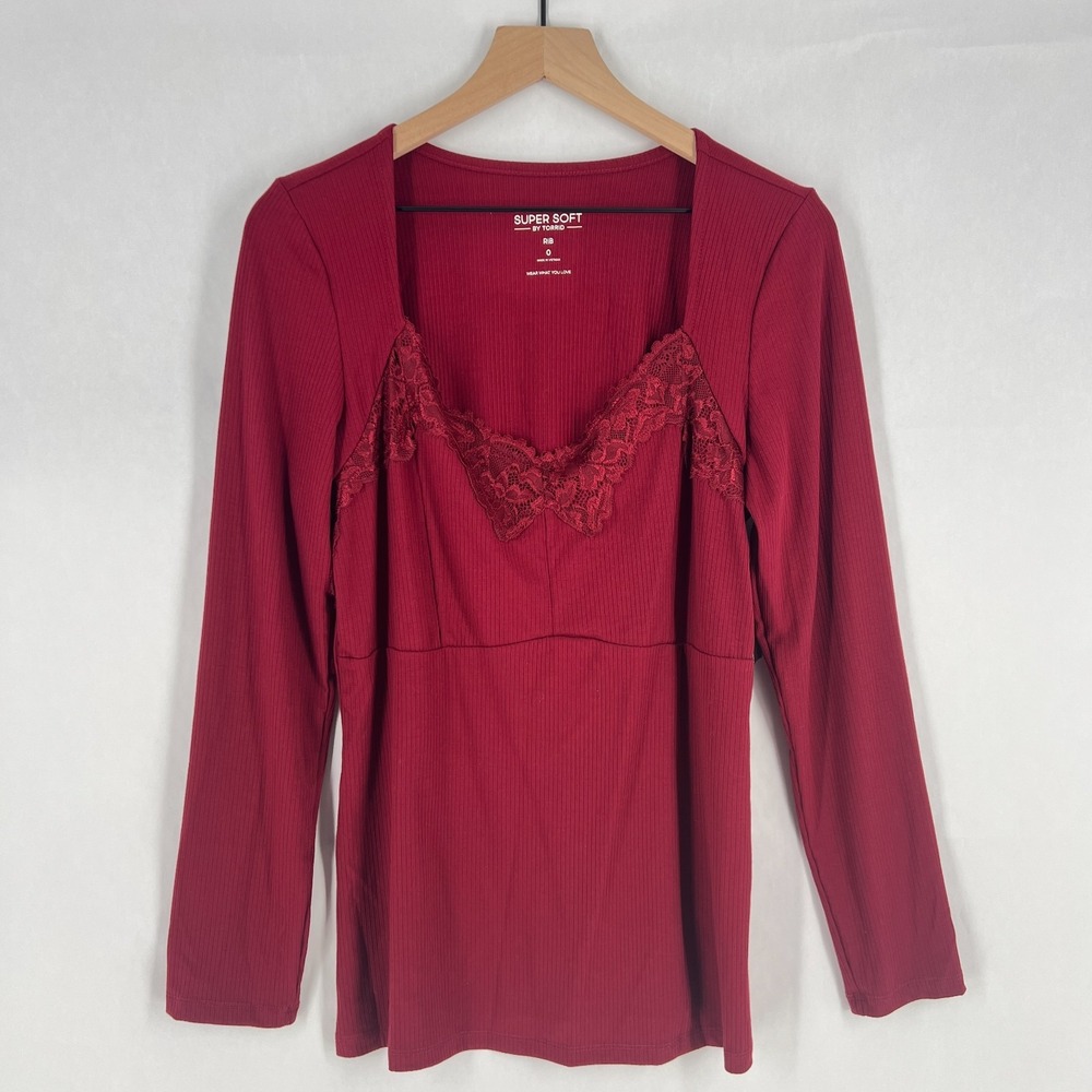 Super Soft by Torrid‎ Top Womens L Rhubarb Ribbed Lace Trim Sweetheart Neck